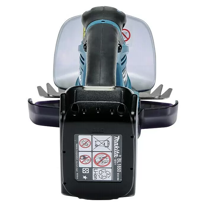 Makita LXT 18V Akku-Gras- & Strauchschere DUM604RFX1 - 18 V, Li-Ionen, 1 Akku - Nahaufnahme eines blauen und schwarzen Makita Akku-Gartengeräts mit angeschlossenem schwarzen Akku, von hinten gesehen.