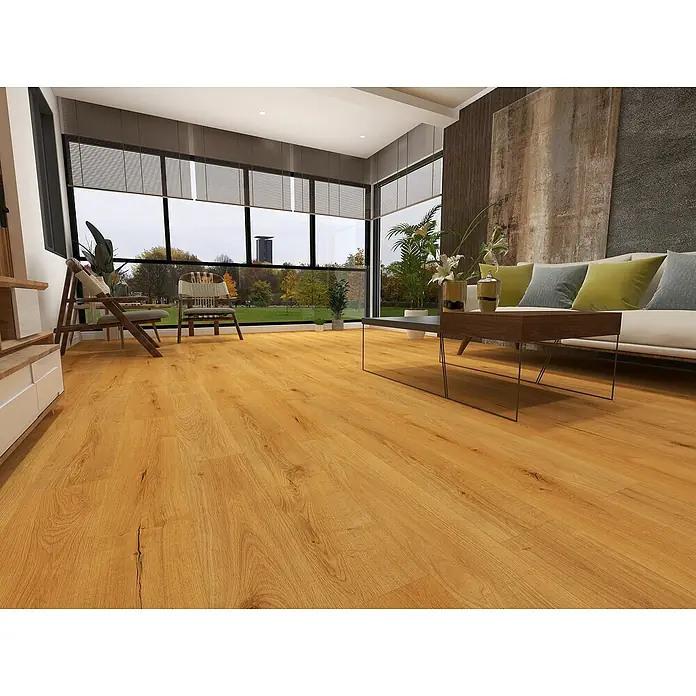 Vinylboden Rigid - Oxford, Landhausdiele, 1.220 x 180 x 3,5 mm - Einladender Wohnraum mit warmem Holzfußboden, der eine gemütliche und natürliche Atmosphäre schafft.