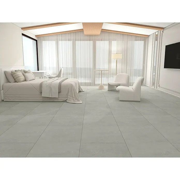 Vinylboden Rigid Fliese XL - Metro, Fliese, 1.220 x 610 x 7,5 mm - Elegantes Schlafzimmer mit großem Bett, Designstühlen und modernem TV, ideal für entspannte Stunden im stilvollen Ambiente.