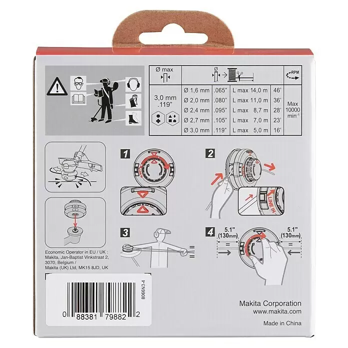 Makita Fadenkopf TAP&GO 1911Y2-9 - Passend für: Makita Akku-Freischneider UR013G - Makita Trimmerfaden-Verpackung mit Sicherheitsanweisungen, Wickelanleitung und Spezifikationen.