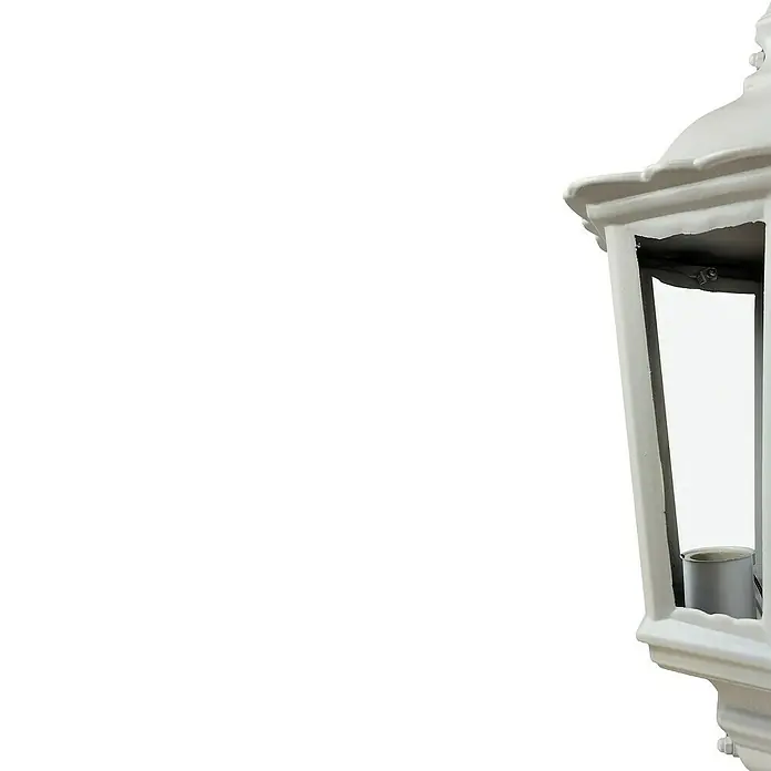 Panaled Vagg Aplique exterior - 60 W, 25,1 x 25,1 x 44 cm, Blanco, IP44 - Primer plano de una farola blanca de exterior con paneles de vidrio transparente y elementos decorativos que ofrece una iluminación exterior elegante.