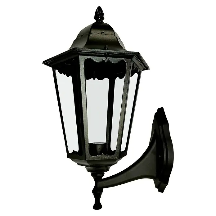 Panaled Vagg Aplique exterior - 60 W, 28,3 x 22,4 x 42 cm, Negro, IP44, Ascendente - Lámpara de pared negra de estilo antiguo con detalles decorativos para uso exterior. La carcasa es de metal y tiene una cubierta de vidrio transparente.