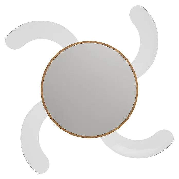 Arte confort Ventilador de techo Palma - Madera/Negro, 107 cm, 25 W, Blanco cálido - Un espejo redondo llamativo con un marco de madera marrón claro, rodeado de cuatro elementos decorativos blancos y curvos.