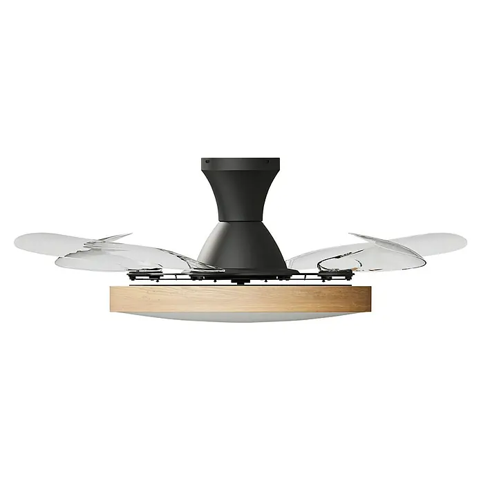 Arte confort Ventilador de techo Palma - Madera/Negro, 107 cm, 25 W, Blanco cálido - Ventilador de techo con aspas transparentes únicas y una base de madera moderna, ideal para una iluminación y refrigeración elegantes.