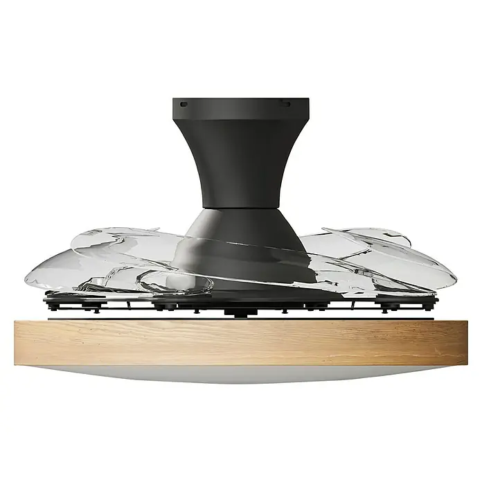 Arte confort Ventilador de techo Palma - Madera/Negro, 107 cm, 25 W, Blanco cálido - Campana extractora llamativa con un elegante diseño arremolinado y una combinación de elementos de madera y negros.