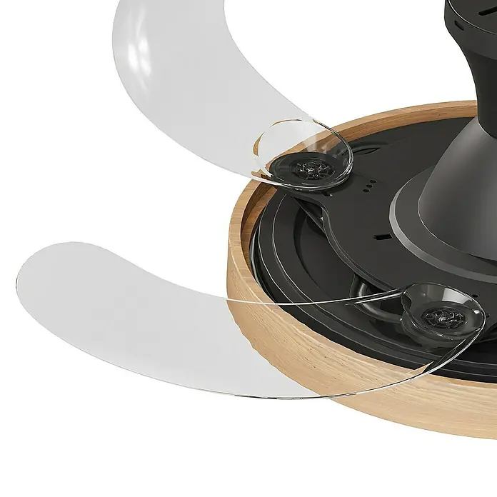 Arte confort Ventilador de techo Palma - Madera/Negro, 107 cm, 25 W, Blanco cálido - Primer plano de un ventilador de techo moderno, destacando sus aspas transparentes y carcasa de madera, mostrando un elemento de diseño elegante.