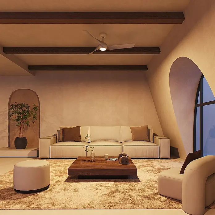Arte confort Ventilador de techo Doha - Blanco, 132 cm, 35 W, Blanco cálido - Acogedora sala de estar con un gran sofá, mesa de madera e iluminación suave para un ambiente relajado. La habitación irradia calidez.