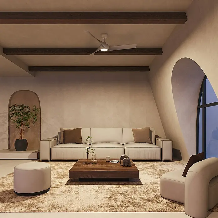 Arte confort Ventilador de techo Doha - Blanco, 132 cm, 35 W, Blanco cálido - Sala de estar con muebles cómodos y un elegante ventilador de techo para un ambiente relajado.