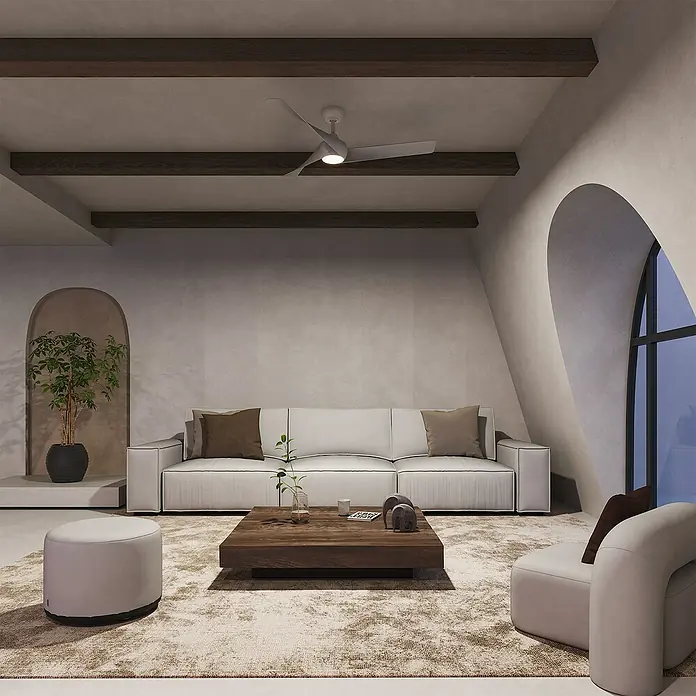 Arte confort Ventilador de techo Doha - Blanco, 132 cm, 35 W, Blanco cálido - Acogedora sala de estar con un sofá elegante, una mesa de centro elegante y un sillón cómodo que crean un ambiente armonioso.