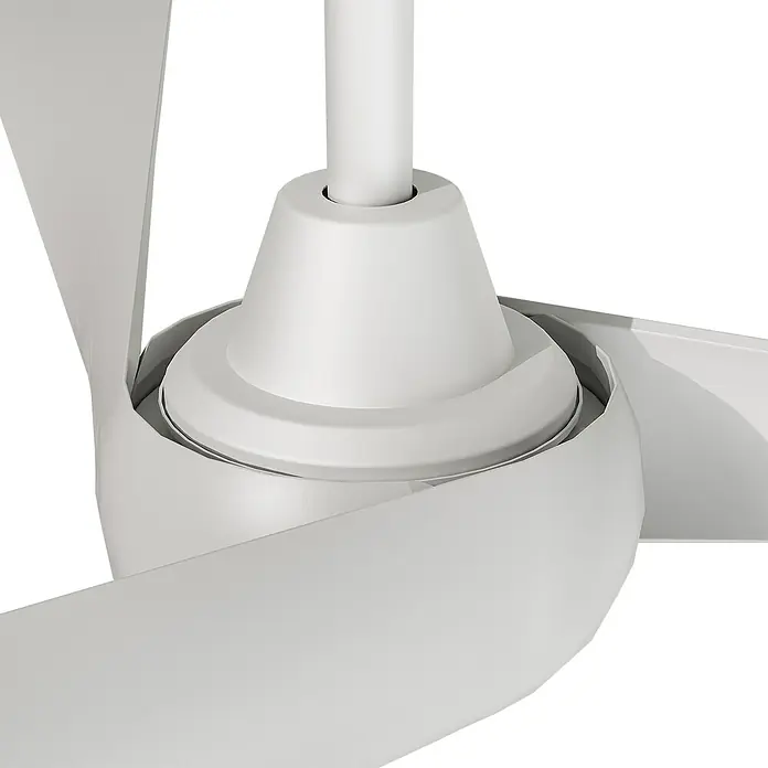 Arte confort Ventilador de techo Doha - Blanco, 132 cm, 35 W, Blanco cálido - Primer plano de un ventilador de techo blanco moderno con palas curvas y un montaje cilíndrico elegante.