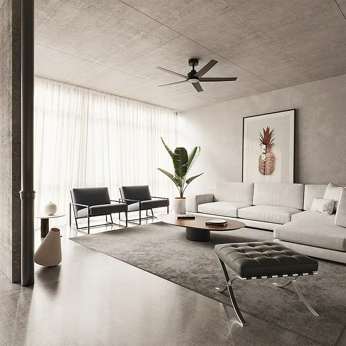 Arte confort Ventilador de techo Bangok - Negro, 132 cm, 35 W, Blanco cálido - La imagen muestra una sala de estar moderna con un elegante sofá, sillones y una mesa de centro elegante, creando un ambiente acogedor.