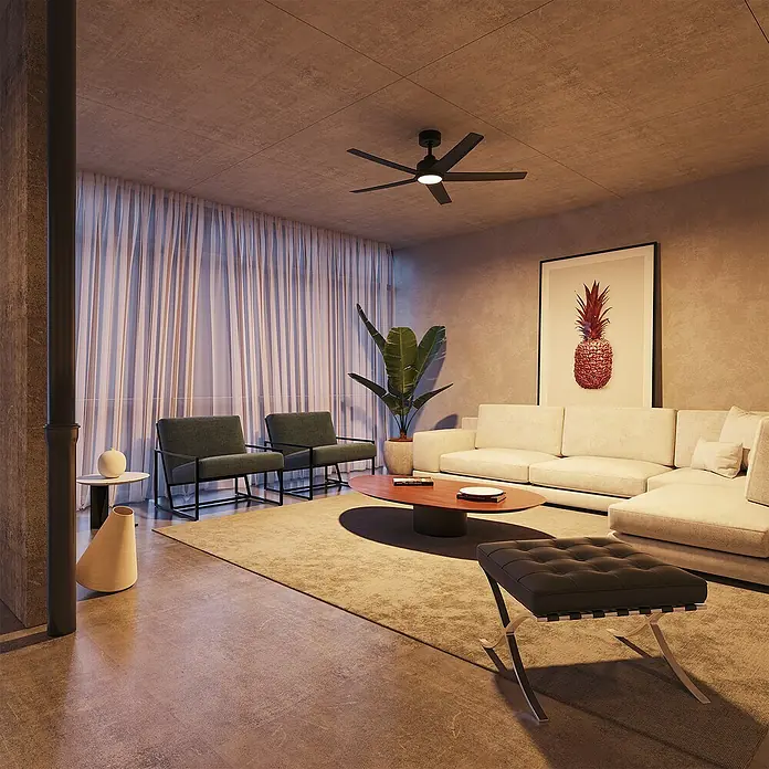 Arte confort Ventilador de techo Bangok - Negro, 132 cm, 35 W, Blanco cálido - Salón con ventilador de techo elegante, sillones cómodos y un gran sofá seccional debajo de una obra de arte.