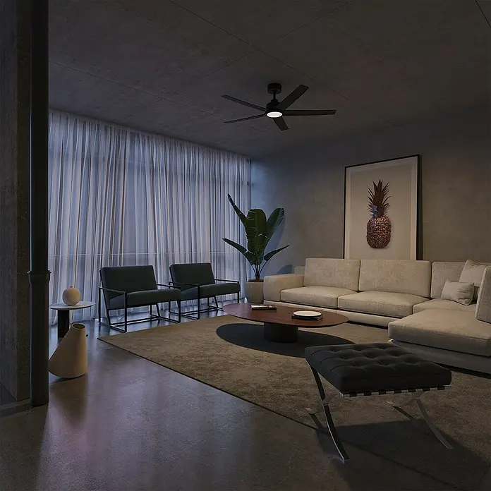 Arte confort Ventilador de techo Bangok - Negro, 132 cm, 35 W, Blanco cálido - Sala de estar moderna con un elegante ventilador de techo que realza el ambiente. Muebles elegantes complementan el diseño.