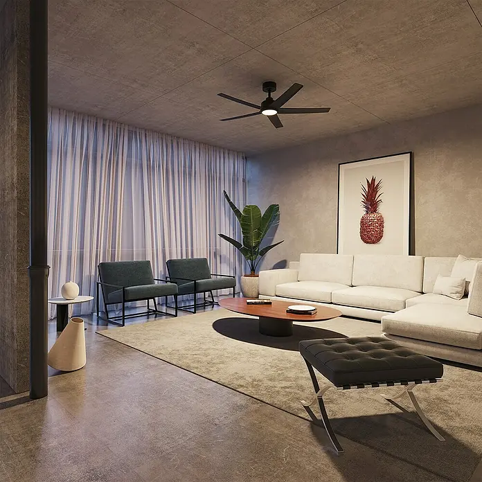 Arte confort Ventilador de techo Bangok - Negro, 132 cm, 35 W, Blanco cálido - Sala de estar con ventilador de techo. El ventilador de techo negro con luz atrae todas las miradas en la sala de estar moderna.