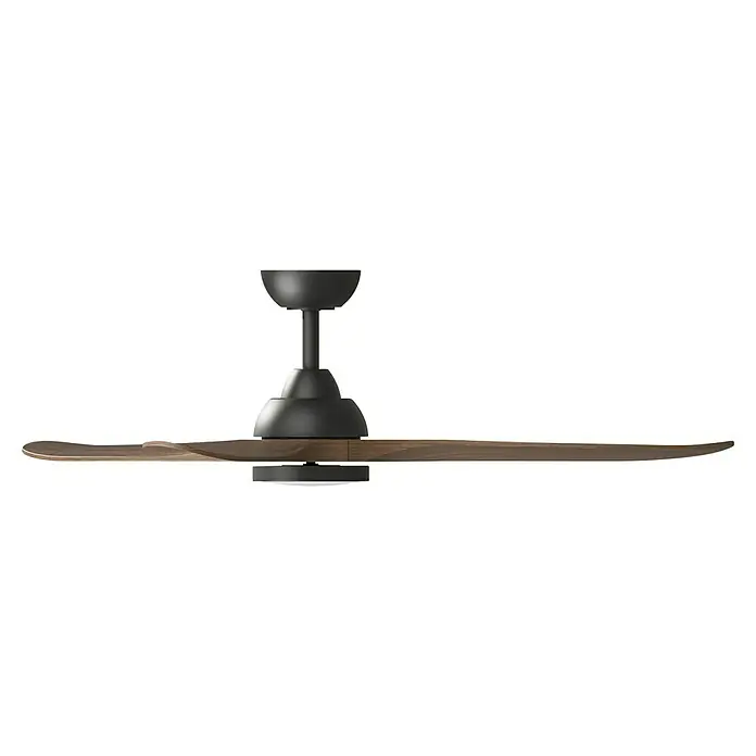 Arte confort Ventilador de techo Kenia - Roble negro, 132 cm, 34 W, Blanco cálido - Primer plano de un moderno ventilador de techo negro con aspas de madera, mostrando un diseño elegante y funcionalidad.