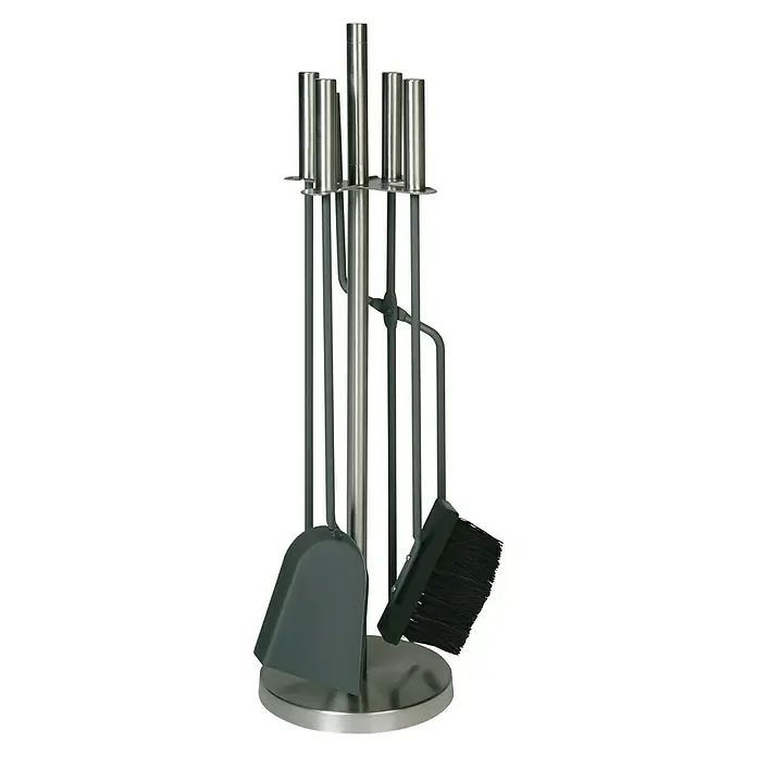 Lienbacher Juego de utensilios para chimenea - 4 pzs., Acero/acero inoxidable, Altura: 65 cm - Juego de utensilios para chimenea de acero inoxidable con pala, escoba y atizador para un mantenimiento elegante de la chimenea.