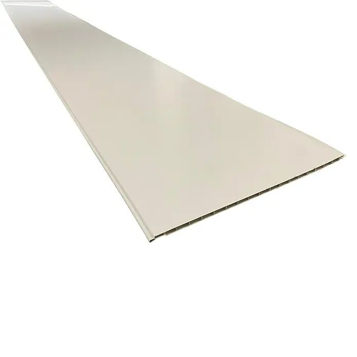 Bariperfil Revestimiento de pared de PVC Blanco - 260 x 33,3 cm, Blanco - Primer plano de un panel alargado de color claro con una superficie lisa y una estructura visible en el borde.