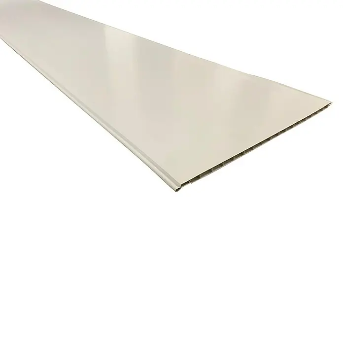 Bariperfil Revestimiento de pared de PVC Blanco - 260 x 33,3 cm, Blanco - Detalle de un panel brillante de color claro, ideal para revestimientos de paredes o techos, presentado sobre un fondo negro.