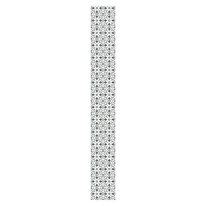 Bariperfil Revestimiento de pared de PVC Arctic Tile - 260 x 33,3 cm, Gris - Una tira de azulejos delgada con un patrón repetitivo y ornamentado de flor de lis y elementos florales en negro, gris y blanco.