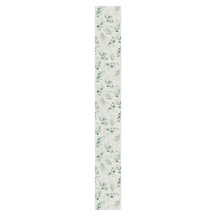 Bariperfil Revestimiento de pared de PVC Eucaliptus - 260 x 33,3 cm, Eucaliptus - Una muestra de tela con un delicado diseño de acuarela de hojas de eucalipto y ramitas verdes suaves sobre un fondo claro.