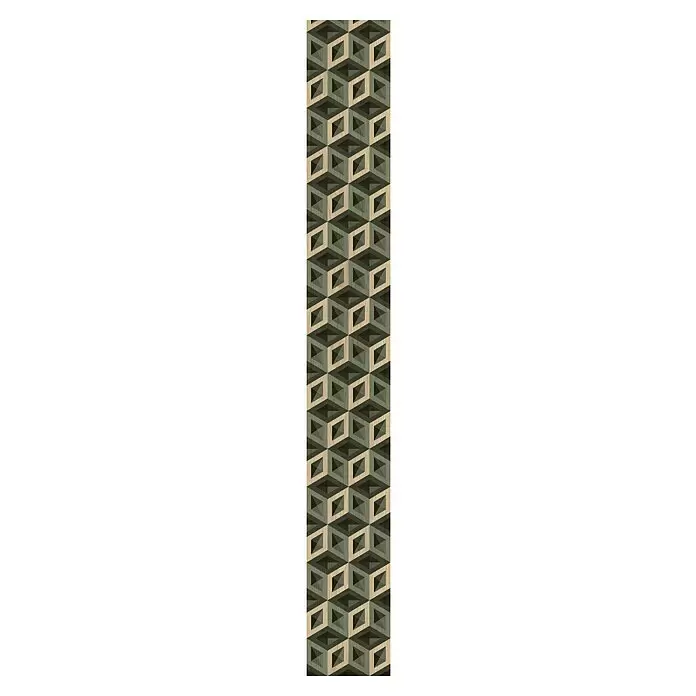 Bariperfil Revestimiento de pared de PVC Cubos 3D - 260 x 33,3 cm, Multicolor - Panel de madera geométrico con ilusión óptica de cubos 3D. Presenta texturas de madera natural, verde y oscura.