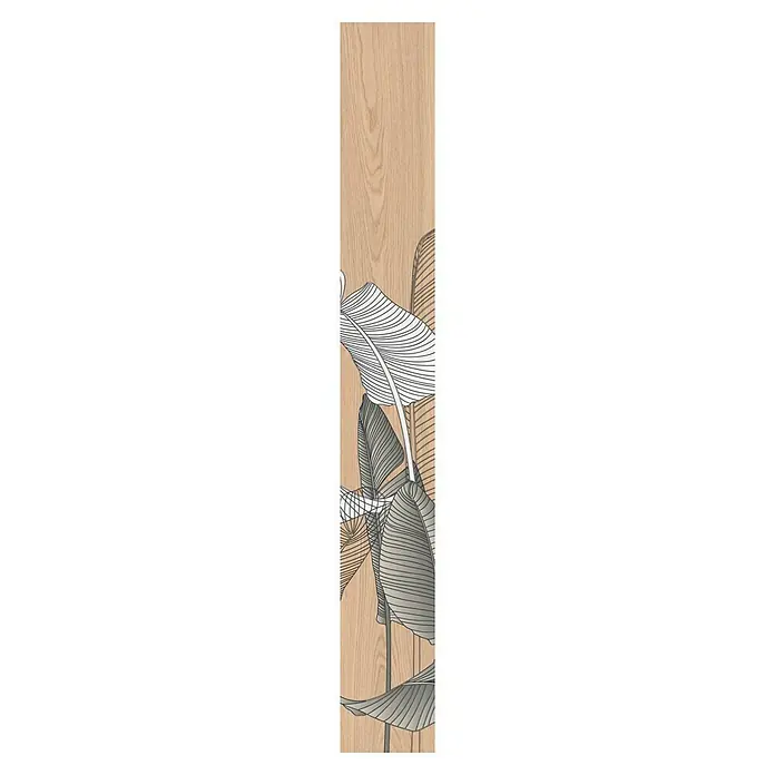 Bariperfil Revestimiento de pared de PVC Wood Palms - 260 x 33,3 cm, Marrón/Verde - Azulejo decorativo de pared con aspecto de madera con motivos de hojas estilizadas en gris y blanco.