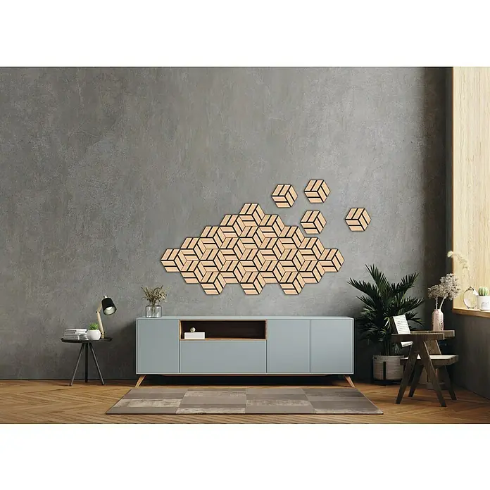 FN Neuhofer Akustikpaneel Acustico Hexago - Eiche natur, L x B x S: 260 x 300 x 19 mm, 2 Stk. - Einrichtungsszene mit stilvoller Wanddekoration aus sechseckigen Holzfliesen in einem modernen Wohnzimmer.