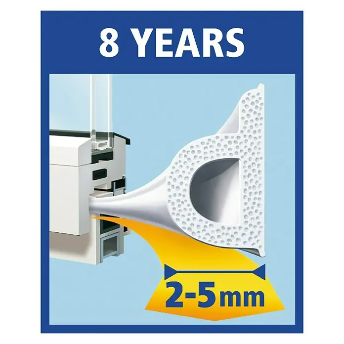Tesa INSULATION Cinta de sellado - L x An x Al: 6 m x 9 mm x 5,5 mm, Blanco - Imagen de un sello de ventana con la inscripción "8 AÑOS" y la indicación "2-5mm", destacando el ancho del sello.