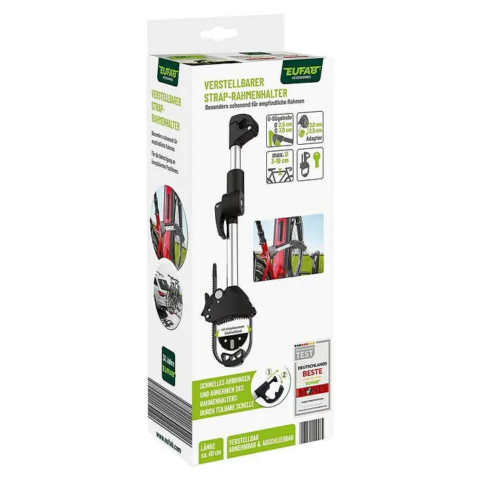 Eufab Rahmenhalter - Durchmesser: 3 cm - 10 cm, Länge: 40 cm - Produktverpackung für einen verstellbaren EUFAB Strap-Rahmenhalter zur sicheren Befestigung von Fahrradrahmen.