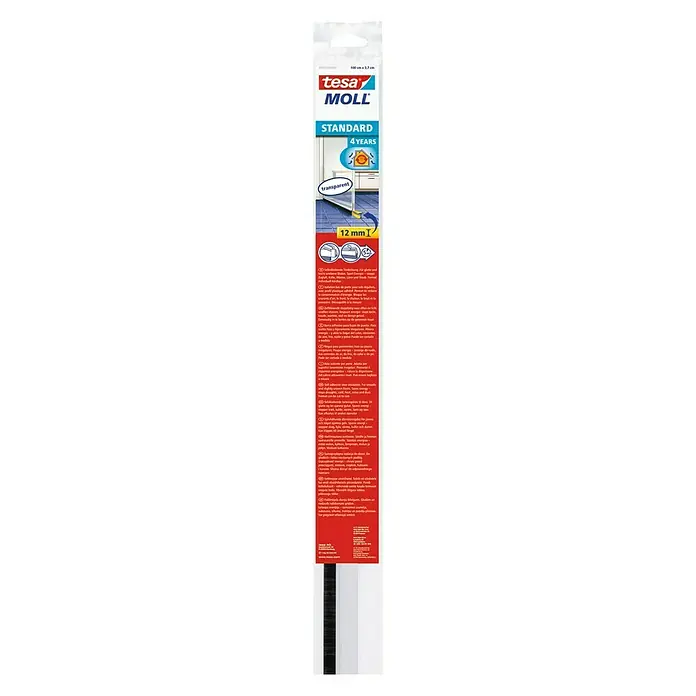 Tesa INSULATION Burlete para puerta Estándar - Transparente, 1 m x 37 mm, Apto para: Desajustes de hasta 12 mm de ancho - Cinta aislante Tesa Moll Standard: Cinta autoadhesiva para ventanas y puertas, transparente y duradera durante 4 años.