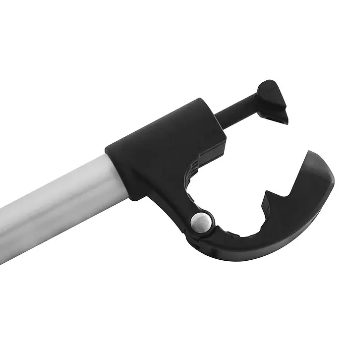 Eufab Rahmenhalter - Lang, Durchmesser: 3 cm - 10 cm, Länge: 32 cm - Nahaufnahme eines Greifwerkzeugs mit schwarzem Griff und silberfarbenem Schaft. Ein praktisches Hilfsmittel zum Aufheben von Gegenständen.