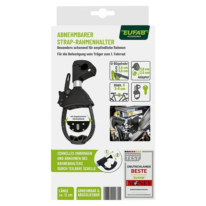 Eufab Rahmenhalter - Kurz, Durchmesser: 3 cm - 10 cm, Länge: 13 cm - Abnehmbarer EUFAB Strap-Rahmenhalter zur sicheren Befestigung von Fahrrädern am Träger. Schont empfindliche Rahmen und ist abschließbar.