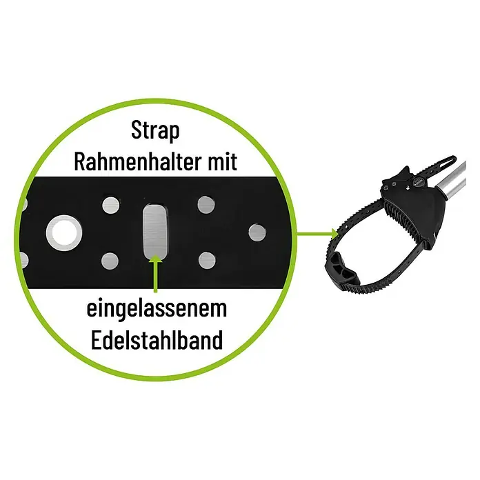 Eufab Rahmenhalter - Lang, Durchmesser: 3 cm - 10 cm, Länge: 32 cm - Detailaufnahme des Fahrradträgers mit Spanngurt Rahmenhalter und eingelassenem Edelstahlband für sicheren Halt des Fahrrads.