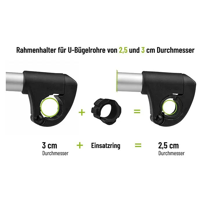 Eufab Rahmenhalter - Lang, Durchmesser: 3 cm - 10 cm, Länge: 32 cm - Das Bild zeigt eine Rahmenhalterung für U-Bügelrohre. Die Halterung ist für Rohrdurchmesser von 2,5 cm und 3 cm geeignet.