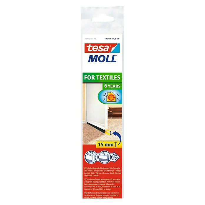 Tesa INSULATION Burlete para puerta Textil - Marrón, Apto para: Desajustes de hasta 15 mm de ancho - Tesa Moll burlete para puerta para textiles: Autoadhesivo, detiene corrientes, frío, ruido y polvo. Ideal para alfombras, 6 años de protección.