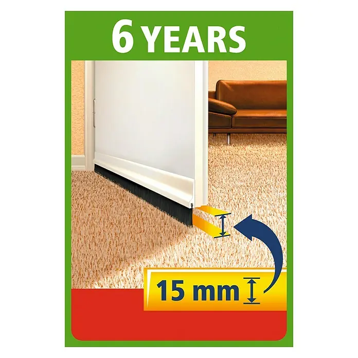 Tesa INSULATION Burlete para puerta Textil - Marrón, Apto para: Desajustes de hasta 15 mm de ancho - Imagen de un sello de puerta con "6 años" y la información de que sella hasta 15 mm.