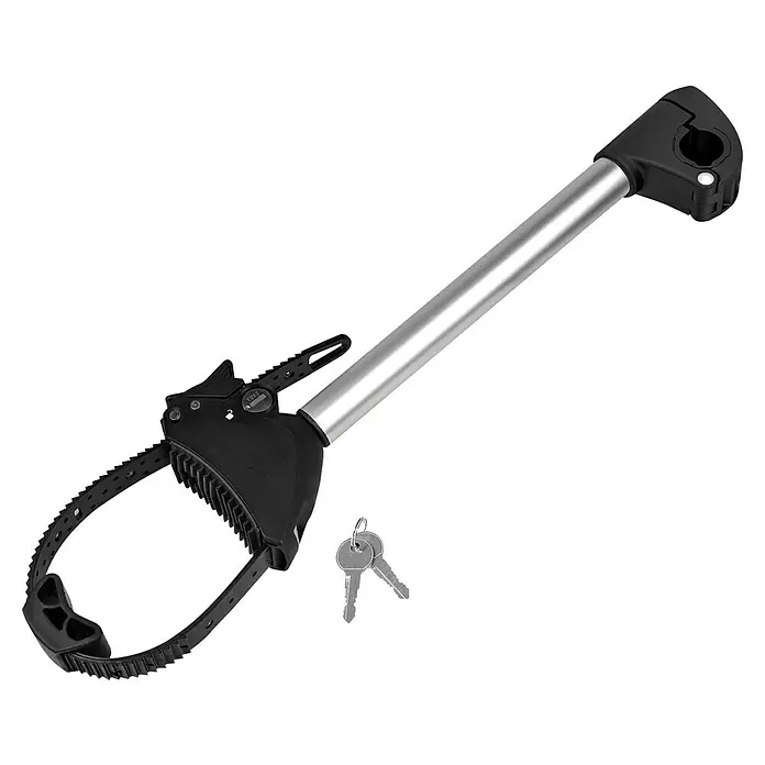 Eufab Rahmenhalter - Lang, Durchmesser: 3 cm - 10 cm, Länge: 32 cm - Nahaufnahme einer Fahrradrahmenhalterung mit silberfarbenem Arm und schwarzer Klemme, inklusive Schlüssel für die Sicherheit.