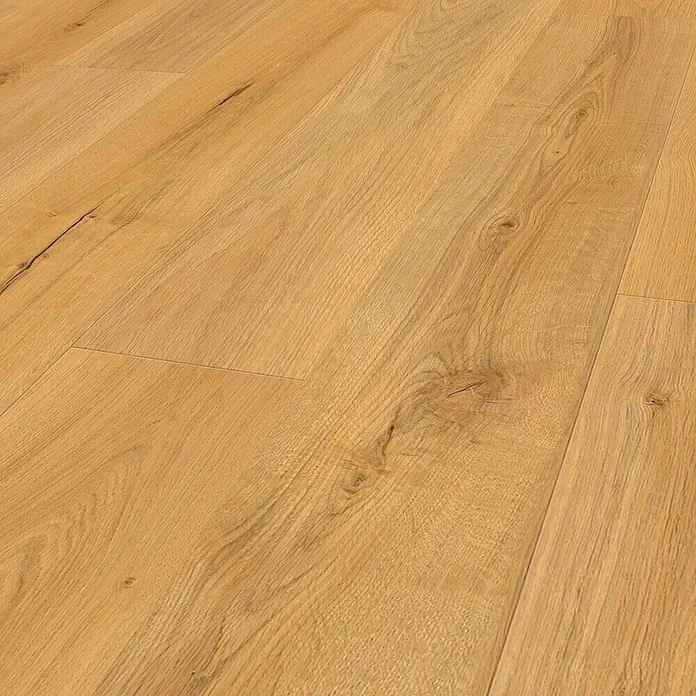 Vinylboden Rigid - Oxford, Landhausdiele, 1.220 x 180 x 3,5 mm - Nahaufnahme von hellem Eichenlaminatboden mit Maserung und Ästen, perfekt für ein warmes, natürliches Ambiente im Raum.