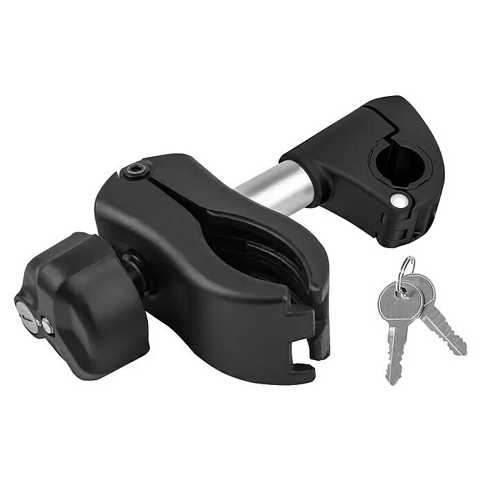 Eufab Rahmenhalter - Kurz, Durchmesser: 3 cm - 6 cm, Länge: 12 cm - Schwarze Halteklemme mit silberner Verbindungsstange und einem Paar silberner Schlüssel zum Verriegeln.