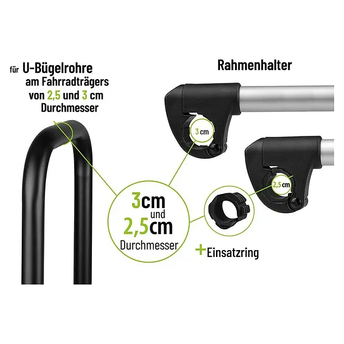 Eufab Rahmenhalter - Lang, Durchmesser: 3 cm - 10 cm, Länge: 32 cm - Produktbild eines U-Bügelrohrs für Fahrradträger mit Durchmessern von 2,5 und 3 cm, inklusive Rahmenhalter und Einsatzring.