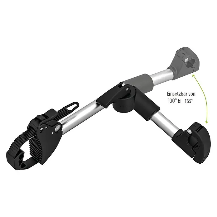 Eufab Rahmenhalter - Durchmesser: 3 cm - 10 cm, Länge: 40 cm - Nahaufnahme eines Fahrradträgers mit verstellbarem Rahmenhalter für sicheren Transport verschiedener Fahrradtypen.