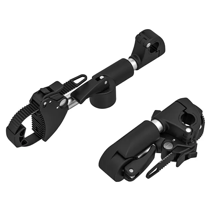 Eufab Rahmenhalter - Durchmesser: 3 cm - 10 cm, Länge: 27 cm - Zwei Fahrradträgerarme in Schwarz, die die Fahrräder sicher auf dem Träger halten. Das Design ist robust und funktional.