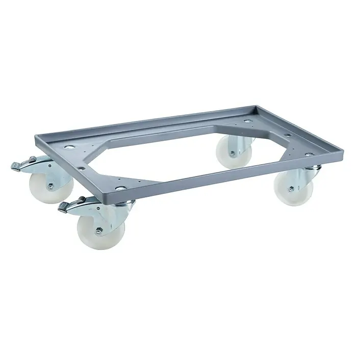 BAUHAUS Caja Euro + base con ruedas - 40 l, L x An x Al: 60 x 40 x 20 cm, 6 pzs. - Una plataforma rodante gris con cuatro ruedas blancas, diseñada para transportar objetos fácilmente. Su marco robusto garantiza la estabilidad.