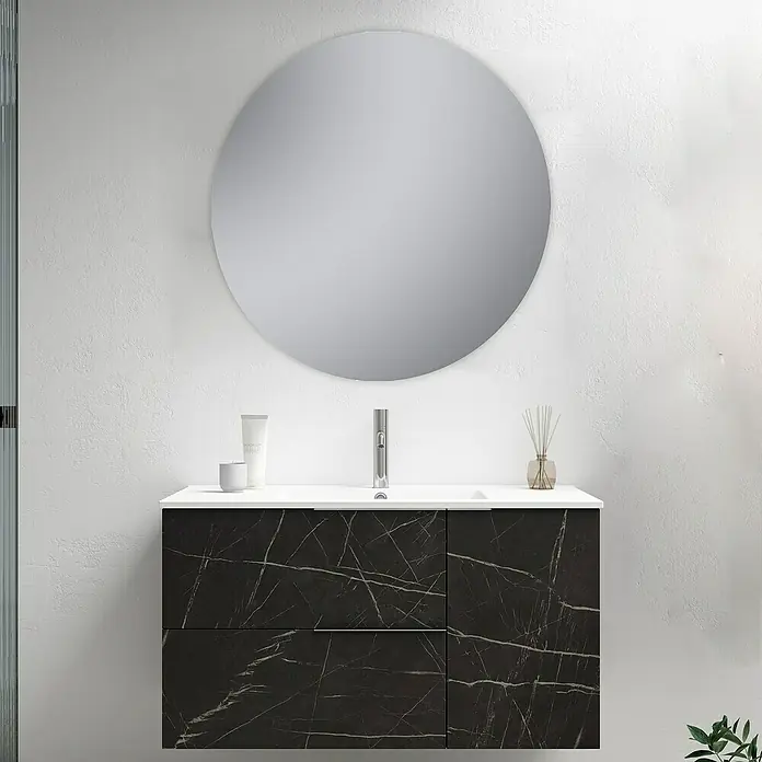 Conjunto de mueble de baño Wave - Ancho total del mueble de baño: 100 cm, Marquina - Mueble de baño con efecto mármol y espejo redondo para un aspecto moderno. Diseño atemporal con práctico espacio de almacenamiento debajo del lavabo.