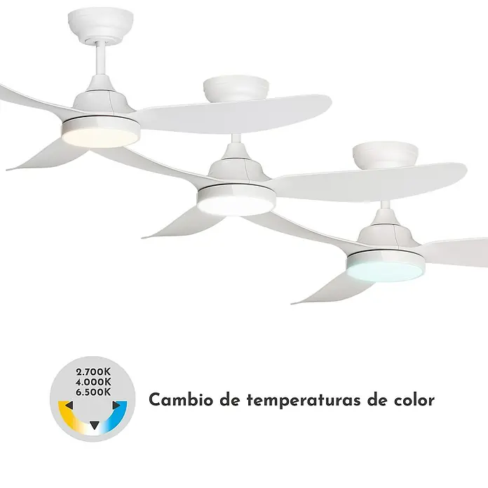 Arte confort Ventilador de techo Regina - Blanco, 106 cm, 20 W, Blanco cálido - Ventiladores de techo blancos que muestran diferentes temperaturas de color, ofreciendo opciones de iluminación versátiles.