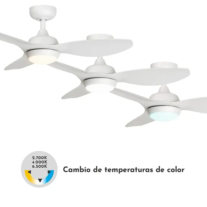 Arte confort Ventilador de techo Hanoi - Blanco, 104 cm, 16 W, Blanco cálido - Un ventilador de techo blanco con iluminación LED que muestra diferentes temperaturas de color, representadas en un diagrama.