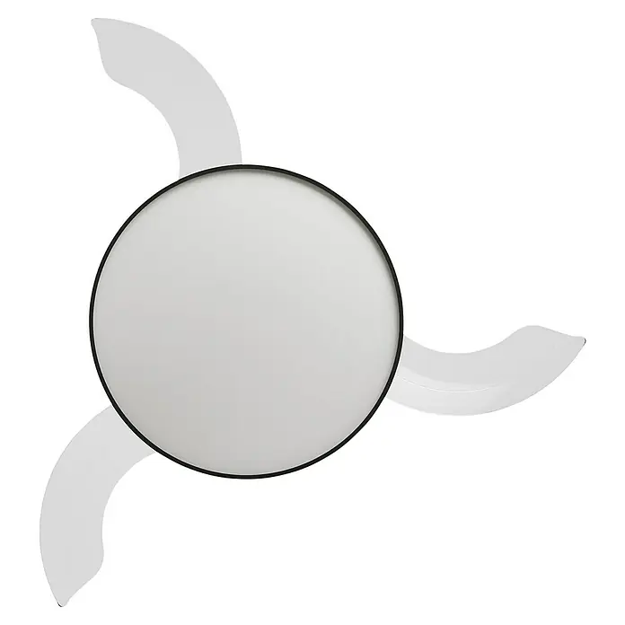 Arte confort Ventilador de techo Cairo - Negro, 112 cm, 35,8 W, Blanco cálido - Primer plano de una lámpara de techo con palas blancas y una cúpula de vidrio redonda y esmerilada.