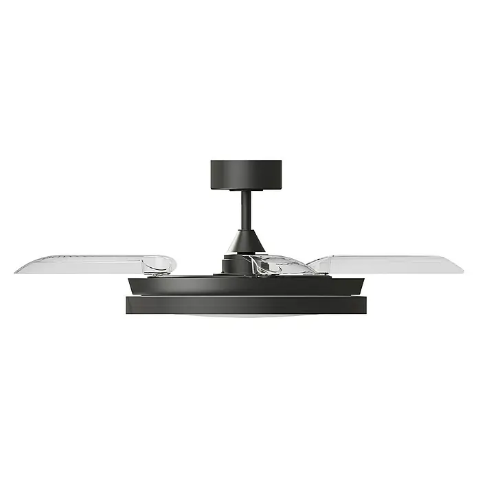 Arte confort Ventilador de techo Cairo - Negro, 112 cm, 35,8 W, Blanco cálido - Un primer plano de un ventilador de techo negro con luces LED integradas, que ofrece una solución de iluminación moderna.