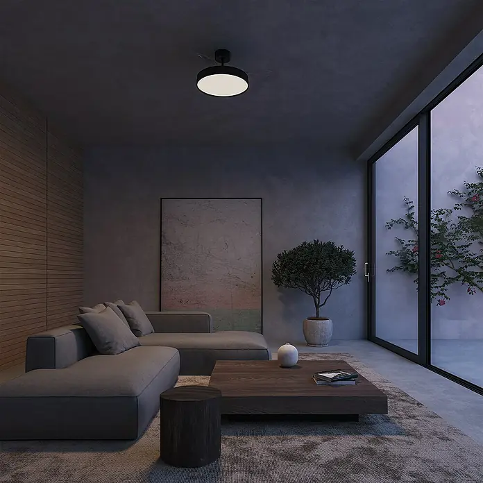Arte confort Ventilador de techo Cairo - Negro, 112 cm, 35,8 W, Blanco cálido - Salón moderno con un elegante ventilador de techo negro que ilumina la habitación. Interior elegante con sofá y arte.