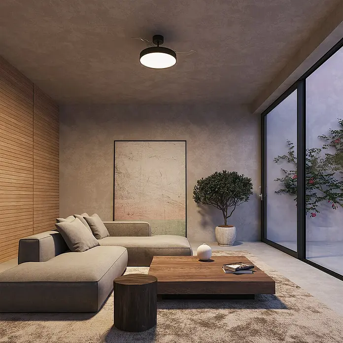 Arte confort Ventilador de techo Cairo - Negro, 112 cm, 35,8 W, Blanco cálido - Salón moderno con un elegante ventilador de techo. El complemento perfecto para un hogar elegante y un clima confortable.